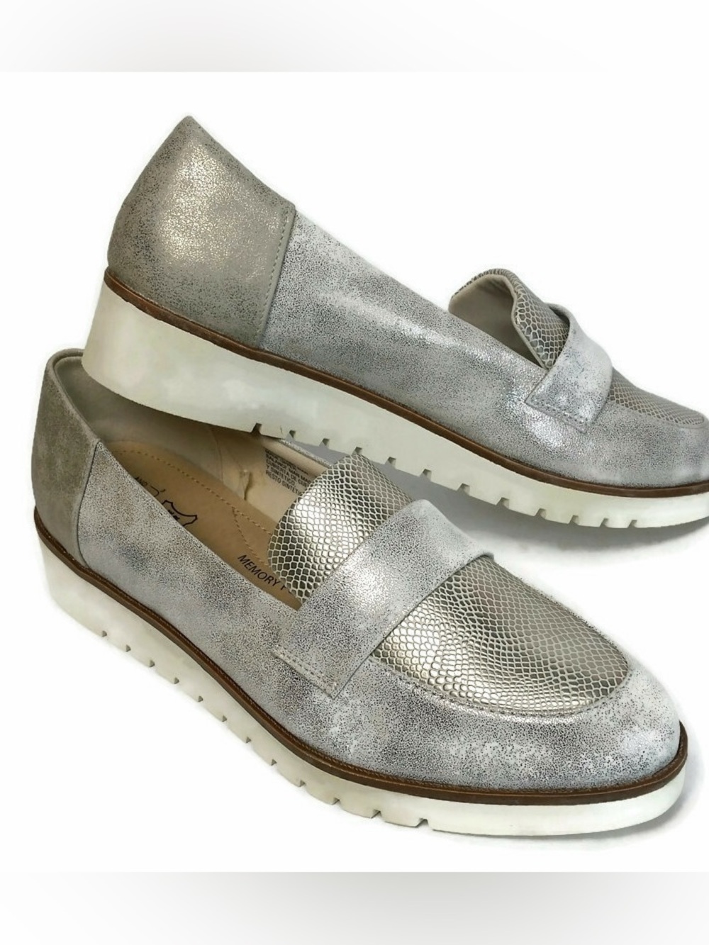 Women's Time And Tru Silver Wedge Loafers Genuine Leather Memory
Foam Shoes